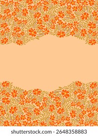 Space for text, copy space of orange flowers and leaves pattern on orange background, illustrations, vector aesthetic for wallpaper, wall decor, templates covers, art prints