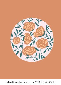 Space for text, copy space of Orange roses patterns on the round shape on white orange background for branding package, fabric print, wallpaper, social media post, doodle, book covers, wall decor.