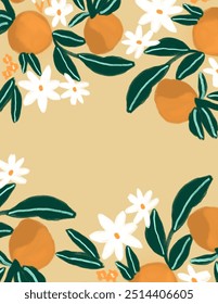 Space for text, copy space of oranges,white flowers and leaves patterns on yellow background for branding package, fabric print, wallpaper, social media post, doodle, notes, book covers, wall decor.