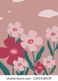 Space for text, copy space of pink flowers patterns on pink background, illustrations, vector aesthetic for wallpaper, wall decor, templates covers, art prints