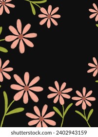 Space for text, copy space of pink flowers patterns on black background for branding package, fabric print, wallpaper, social media post, doodle, notes, book covers, wall de