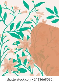 Space for text, copy space of pink flowers and green leaves on white background for branding package, fabric print, wallpaper, social media post, doodle, notes, book covers, wall decor.