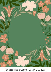 Space for text, copy space of Pink flowers patterns with green leaves on green background for branding, fabric print, wallpaper, social media post, doodle, notes, book covers, wall decor.