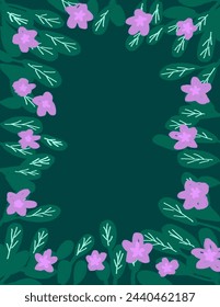 Space for text, copy space of Purple flowers with leaves on green background for branding, fabric print, wallpaper, social media post, doodle, notes, book covers, wall decor.