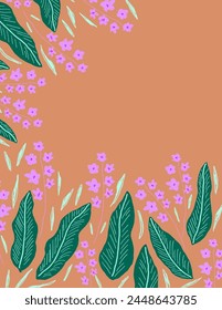 Space for text, copy space of purple flowers and leaves on orange background for branding, fabric print, wallpaper, social media post, doodle, notes, book covers, wall decor.