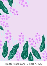 Space for text, copy space of Purple flowers and leaves on purple background for branding, fabric print, wallpaper, social media post, doodle, notes, book covers, wall decor.