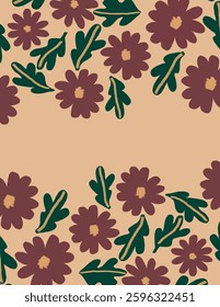 Space for text, copy space of purple flowers with leaves on beige background for branding, fabric print, wallpaper, social media post, doodle, notes, book covers, wall decor.