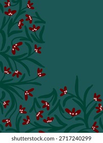 Space for text, copy space of red flowers and leaves patterns on green background for web banner, fabric print, wallpaper, social media post, doodle, notes, book covers, holiday background 