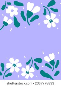Platz für Text, Kopienraum für weiß, blühende Vektorgrafiken, Muster auf violettem Hintergrund für Web-Banner, Branding-Paket, Stoffdruck, 