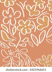 Espacio para texto, espacio para copiar los patrones florales blancos sobre el fondo naranja para el paquete de marca, impresión de tela, papel pintado, publicación en medios sociales, doodle, notas, portadas de libros, decoración de paredes.