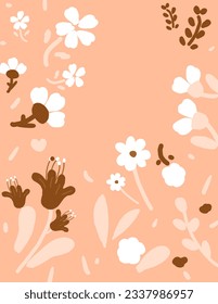 Espacio para texto, espacio para copiar flores blancas, vectores de hojas verdes, patrones, fondo rosado para impresión de tela, papel pintado, publicación en medios sociales, garabatos, notas, cubiertas, decoración de pared, plantillas