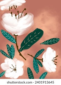 Space for text, copy space of White flowers painting aesthetic patterns on pink background for branding package, fabric print, wallpaper, social media post, doodle, notes, book covers, wall decor.