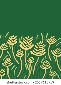 Space for text, copy space of Yellow rice fields patterns with leaves on green background for branding, fabric print, wallpaper, social media post, doodle, notes, book covers, wall decor.