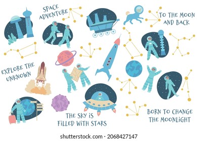 Space text flat set with icons of stars constellations planets and astronauts rockets and ornate text vector illustration