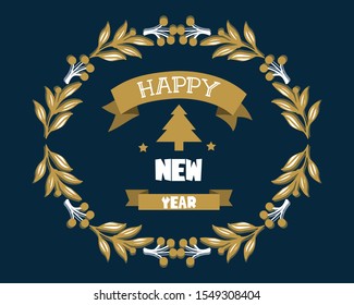 Space for text, happy new year, with modern leaf wreath frame. Vector
