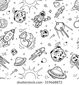 Space texture with planets, stars, spaceships. vector seamless doodle pattern