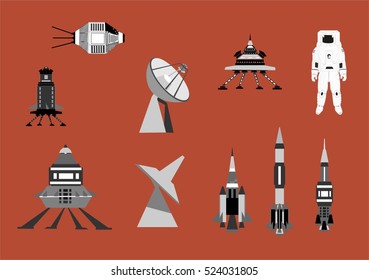 Space thematic vector icons set. Rockets, astronaut, spacemen, telescope 