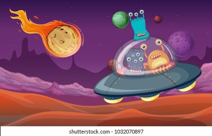 Space theme with aliens in UFO landing on planet illustration