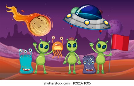 Space theme with aliens and UFO on planet illustration