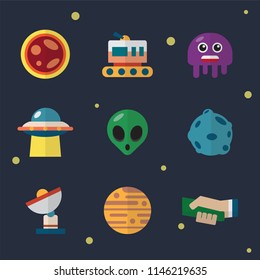 Space theme with astronaut, monster alien, planets, rocket, comets, UFO, satellite, spacecrafts and spaceships flat design vector illustration