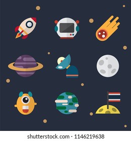 Space theme with astronaut, monster alien, planets, rocket, comets, UFO, satellite, spacecrafts and spaceships flat design vector illustration