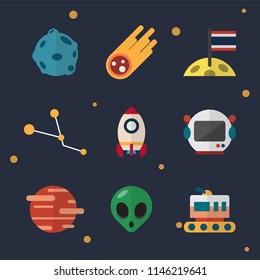 Space theme with astronaut, monster alien, planets, rocket, comets, UFO, satellite, spacecrafts and spaceships flat design vector illustration