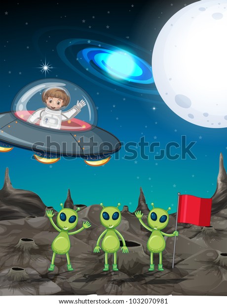 Space\
theme with astronaut and three aliens \
illustration