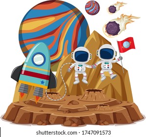 Space theme with astronauts holding flag and spaceship isolated on white backgroud illustration