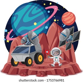 Space theme with astronauts holding flag and satellite isolated on white backgroud illustration