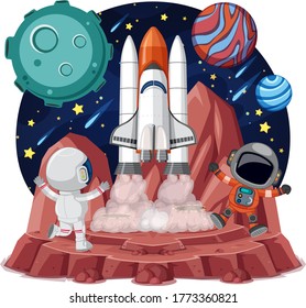 Space theme with astronauts and spaceship isolated on white backgroud illustration