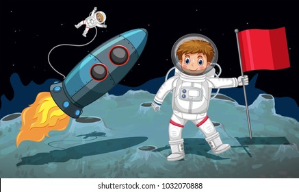 Space theme with astronauts working on the moon illustration