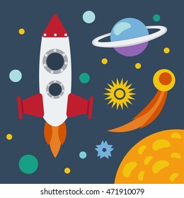 Space theme banner or card with flat astronomic symbols.Planets, the sun, comet, meteorite, rocket.