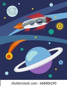 Space theme banner or card with flat astronomic symbols. Cartoon Planet, comet, meteorite, rocket.