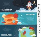 Space theme banners and cards with flat astronomic symbols of planets, rocket, stars, telescope for design, invitations and advertisement