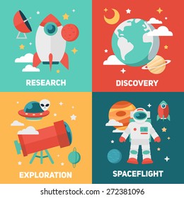Space theme banners and cards with flat astronomic symbols of planets, rocket, stars, telescope for design, invitations and advertisement