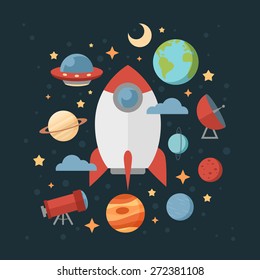 Space theme banners and cards with flat astronomic symbols of planets, rocket, stars, telescope for design, invitations and advertisement