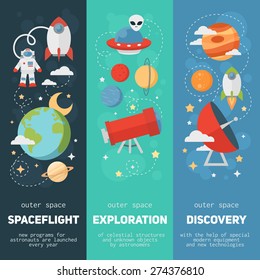 Space theme banners and cards with flat astronomic symbols of planets, rocket, stars, telescope for design, invitations and advertisement