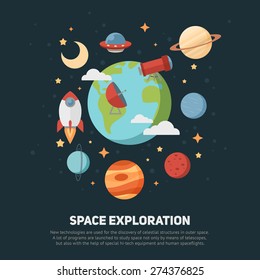 Space theme banners and cards with flat astronomic symbols of planets, rocket, stars, telescope for design, invitations and advertisement