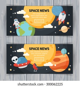 Space theme banners and cards with flat astronomic symbols of planets, rocket, stars, telescope for design, invitations and advertisement