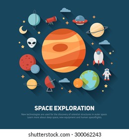 Space theme banners and cards with flat astronomic symbols of planets, rocket, stars, telescope for design, invitations and advertisement