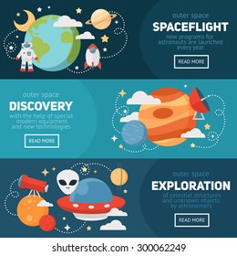 Space theme banners and cards with flat astronomic symbols of planets, rocket, stars, telescope for design, invitations and advertisement