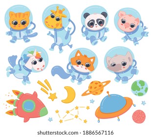 Tema espacial imágenes infantiles con animales astronautas, cohetes y planetas, ilustración vectorial plana aislada en fondo blanco. Colección de animales cosmonautas.