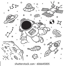 Space theme doodle with cosmonaut, satellite and planet 