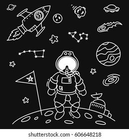 Space theme doodle with cosmonaut, satellite and planet 