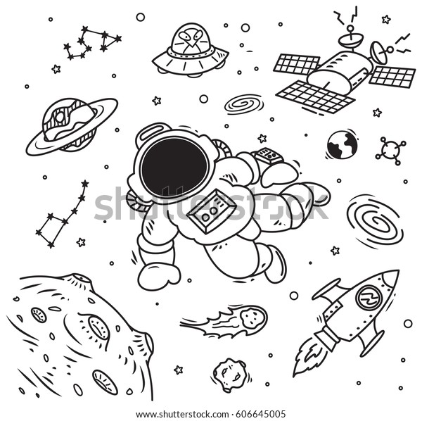 Space Theme Doodle Cosmonaut Satellite Planet Stock Vector (Royalty ...