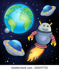Space theme with flying robot - eps10 vector illustration.