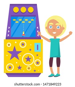 Space theme of game machine vector, child playing on electronic device. Computer with screen, controlling and fighting against aliens, arcade video. Happy boy play video game. Flat cartoon