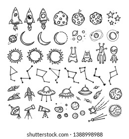 Space theme hand drawn doodle set. Cute childish elements for prints patterns kids clothes design. Rockets, planets asteroids ufo aliens. Vector illustration.