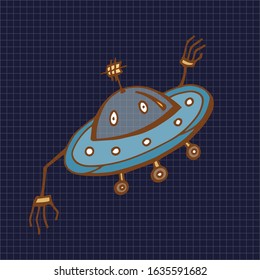 Space theme. Humanoid Alien Spaceship. Drawings for children's creativity. Illustration of children's books, magazines. Printing on clothes. Vector illustration.