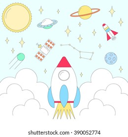 Space theme icons. Space rocket. Technology spaceship, science and shuttle, startup business. Line vector illustration.